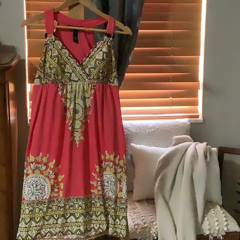 INC International Concepts Pink and Gold Patterned Midi Dress - Picture 2 of 4
